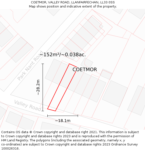 COETMOR, VALLEY ROAD, LLANFAIRFECHAN, LL33 0SS: Plot and title map