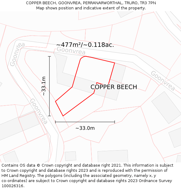 COPPER BEECH, GOONVREA, PERRANARWORTHAL, TRURO, TR3 7PN: Plot and title map