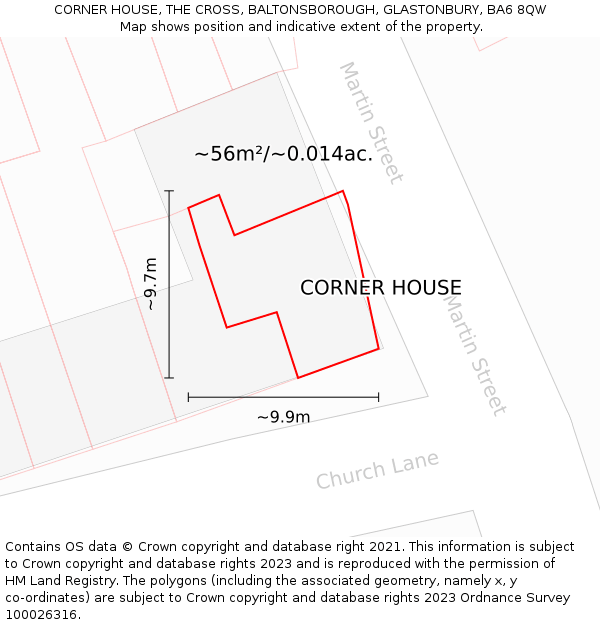 CORNER HOUSE, THE CROSS, BALTONSBOROUGH, GLASTONBURY, BA6 8QW: Plot and title map