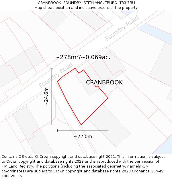 CRANBROOK, FOUNDRY, STITHIANS, TRURO, TR3 7BU: Plot and title map