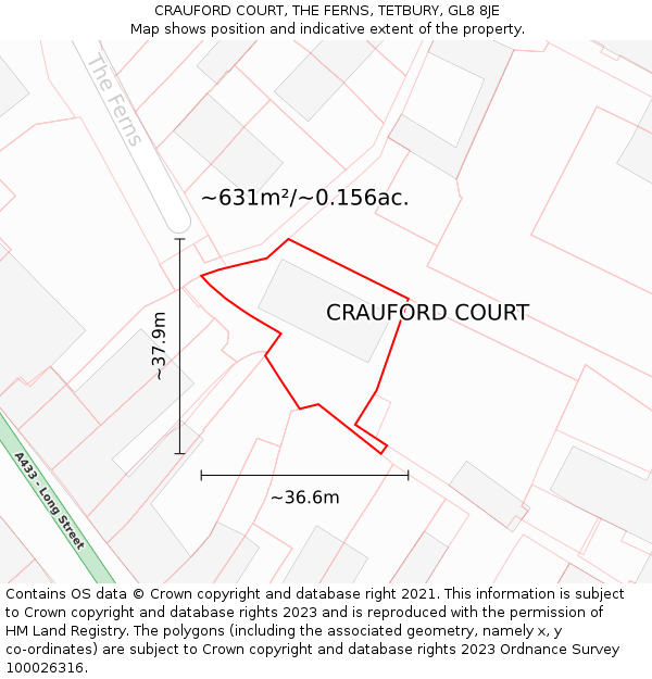 CRAUFORD COURT, THE FERNS, TETBURY, GL8 8JE: Plot and title map