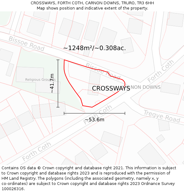 CROSSWAYS, FORTH COTH, CARNON DOWNS, TRURO, TR3 6HH: Plot and title map