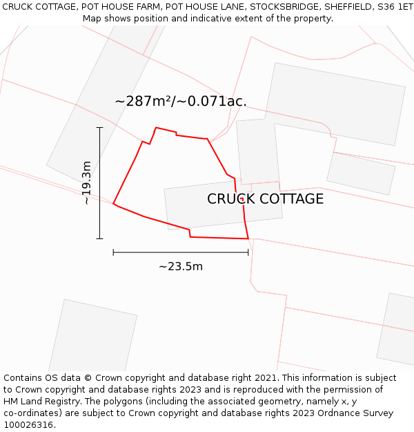 CRUCK COTTAGE, POT HOUSE FARM, POT HOUSE LANE, STOCKSBRIDGE, SHEFFIELD, S36 1ET: Plot and title map