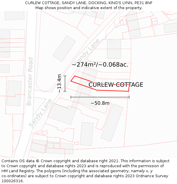 CURLEW COTTAGE, SANDY LANE, DOCKING, KING'S LYNN, PE31 8NF: Plot and title map