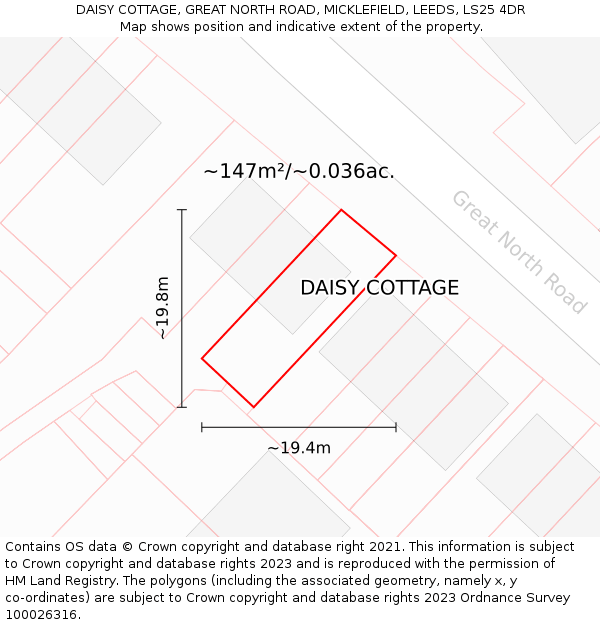 DAISY COTTAGE, GREAT NORTH ROAD, MICKLEFIELD, LEEDS, LS25 4DR: Plot and title map