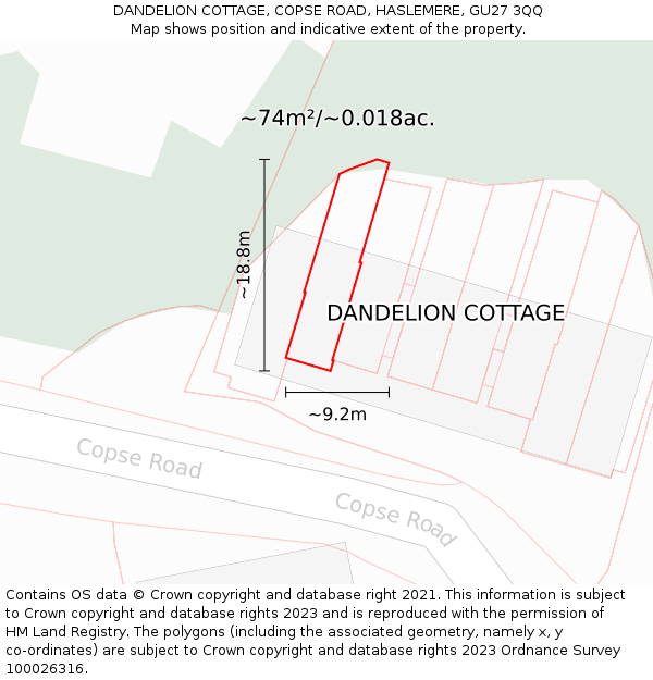 DANDELION COTTAGE, COPSE ROAD, HASLEMERE, GU27 3QQ: Plot and title map