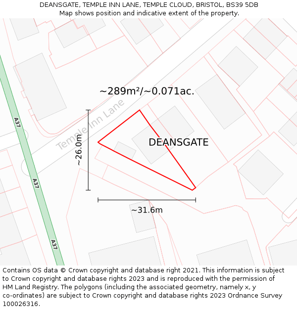 DEANSGATE, TEMPLE INN LANE, TEMPLE CLOUD, BRISTOL, BS39 5DB: Plot and title map
