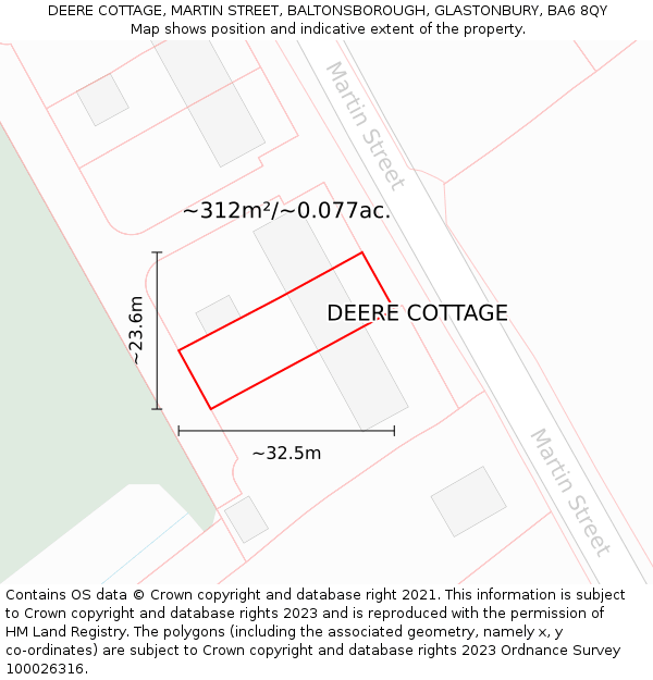 DEERE COTTAGE, MARTIN STREET, BALTONSBOROUGH, GLASTONBURY, BA6 8QY: Plot and title map