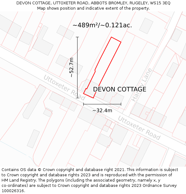 DEVON COTTAGE, UTTOXETER ROAD, ABBOTS BROMLEY, RUGELEY, WS15 3EQ: Plot and title map