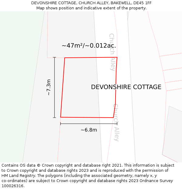 DEVONSHIRE COTTAGE, CHURCH ALLEY, BAKEWELL, DE45 1FF: Plot and title map