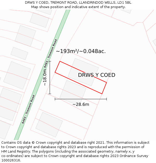 DRWS Y COED, TREMONT ROAD, LLANDRINDOD WELLS, LD1 5BL: Plot and title map