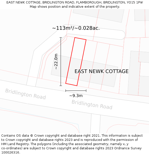 EAST NEWK COTTAGE, BRIDLINGTON ROAD, FLAMBOROUGH, BRIDLINGTON, YO15 1PW: Plot and title map