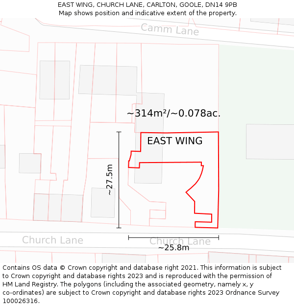 EAST WING, CHURCH LANE, CARLTON, GOOLE, DN14 9PB: Plot and title map