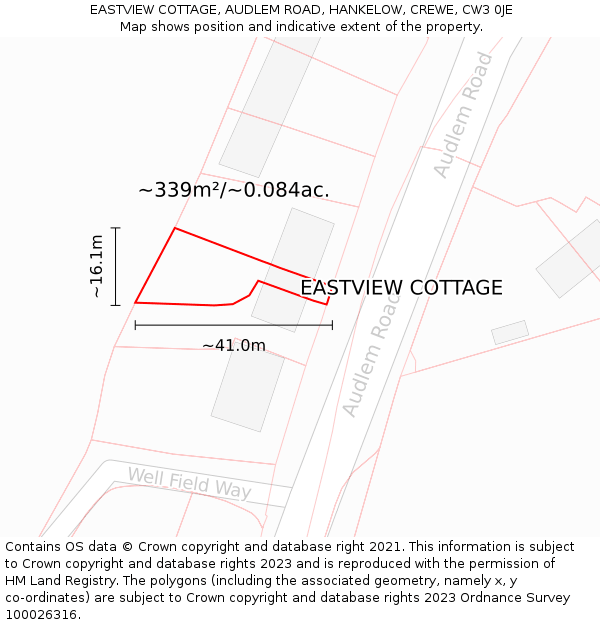 EASTVIEW COTTAGE, AUDLEM ROAD, HANKELOW, CREWE, CW3 0JE: Plot and title map