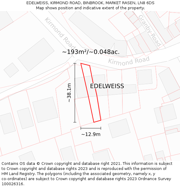 EDELWEISS, KIRMOND ROAD, BINBROOK, MARKET RASEN, LN8 6DS: Plot and title map