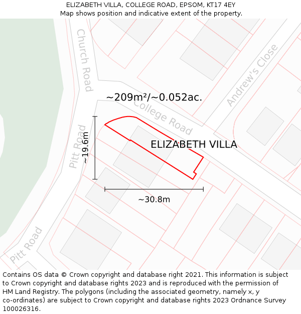 ELIZABETH VILLA, COLLEGE ROAD, EPSOM, KT17 4EY: Plot and title map