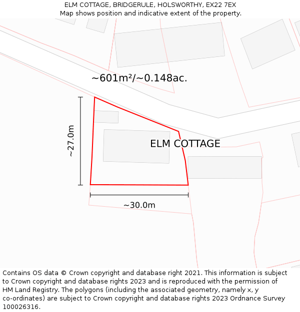 ELM COTTAGE, BRIDGERULE, HOLSWORTHY, EX22 7EX: Plot and title map