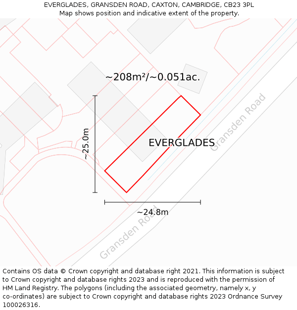 EVERGLADES, GRANSDEN ROAD, CAXTON, CAMBRIDGE, CB23 3PL: Plot and title map