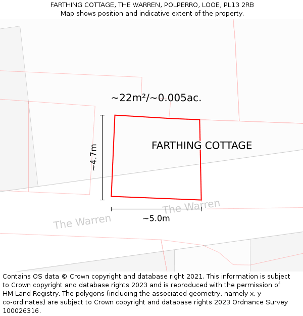 FARTHING COTTAGE, THE WARREN, POLPERRO, LOOE, PL13 2RB: Plot and title map