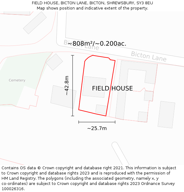 FIELD HOUSE, BICTON LANE, BICTON, SHREWSBURY, SY3 8EU: Plot and title map