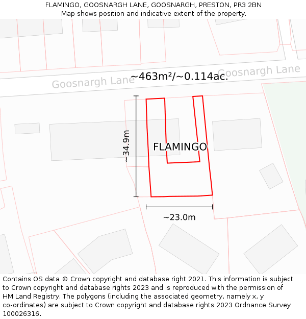 FLAMINGO, GOOSNARGH LANE, GOOSNARGH, PRESTON, PR3 2BN: Plot and title map