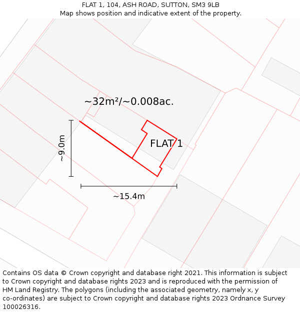 FLAT 1, 104, ASH ROAD, SUTTON, SM3 9LB: Plot and title map