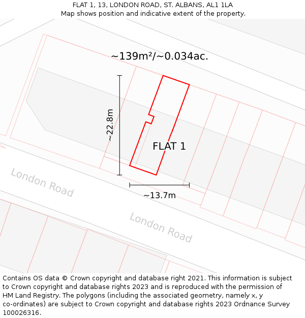 FLAT 1, 13, LONDON ROAD, ST. ALBANS, AL1 1LA: Plot and title map