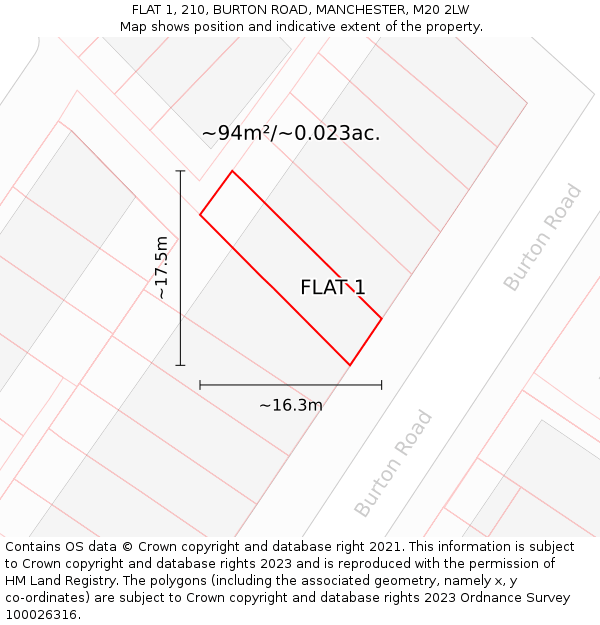 FLAT 1, 210, BURTON ROAD, MANCHESTER, M20 2LW: Plot and title map