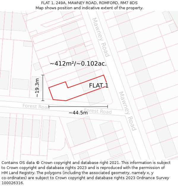 FLAT 1, 249A, MAWNEY ROAD, ROMFORD, RM7 8DS: Plot and title map