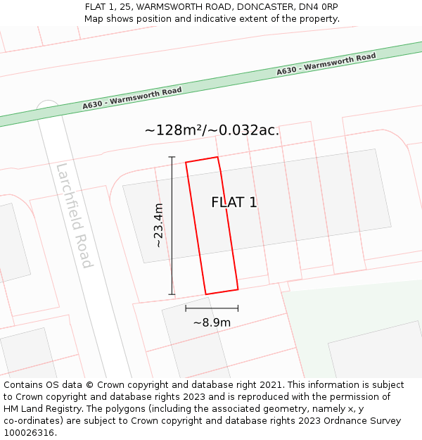 FLAT 1, 25, WARMSWORTH ROAD, DONCASTER, DN4 0RP: Plot and title map