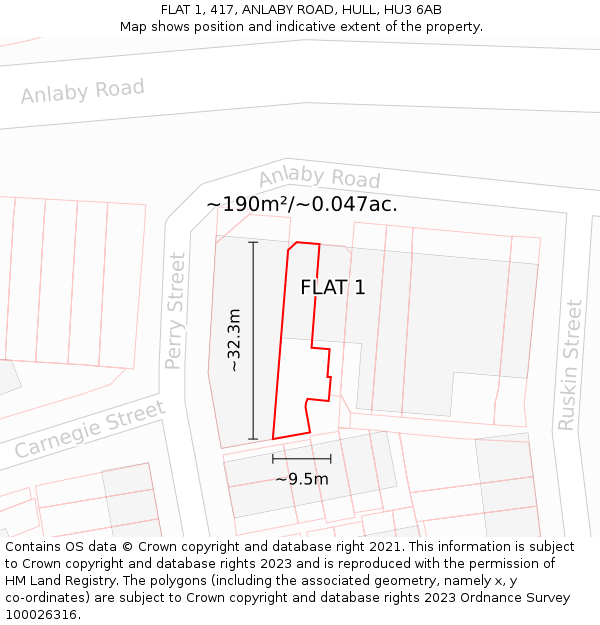 FLAT 1, 417, ANLABY ROAD, HULL, HU3 6AB: Plot and title map