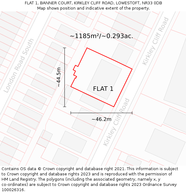 FLAT 1, BANNER COURT, KIRKLEY CLIFF ROAD, LOWESTOFT, NR33 0DB: Plot and title map