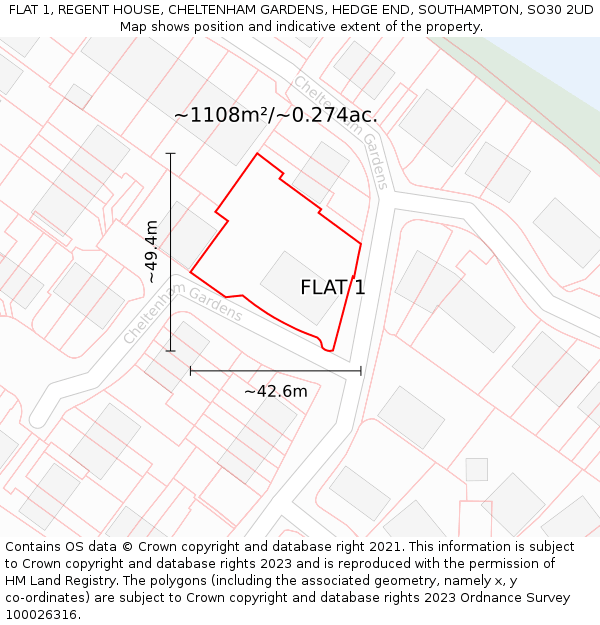 FLAT 1, REGENT HOUSE, CHELTENHAM GARDENS, HEDGE END, SOUTHAMPTON, SO30 2UD: Plot and title map
