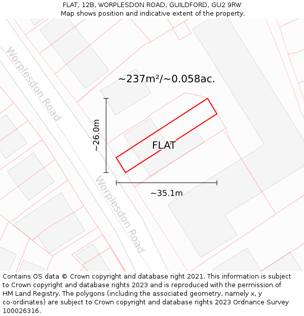 FLAT, 12B, WORPLESDON ROAD, GUILDFORD, GU2 9RW: Plot and title map