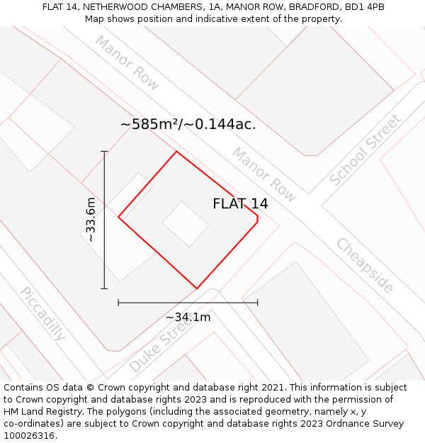 FLAT 14, NETHERWOOD CHAMBERS, 1A, MANOR ROW, BRADFORD, BD1 4PB: Plot and title map