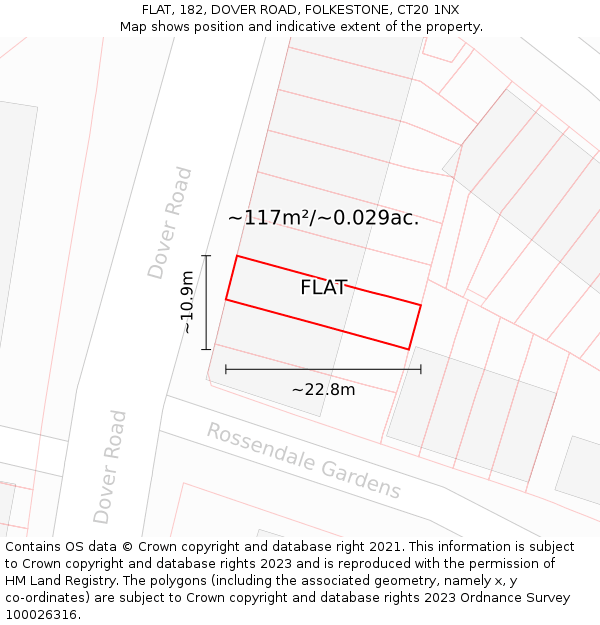 FLAT, 182, DOVER ROAD, FOLKESTONE, CT20 1NX: Plot and title map