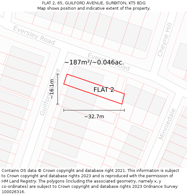 FLAT 2, 65, GUILFORD AVENUE, SURBITON, KT5 8DG: Plot and title map