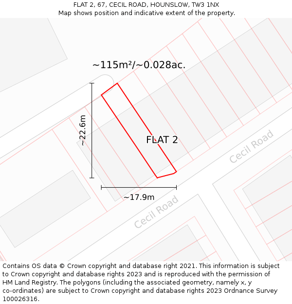 FLAT 2, 67, CECIL ROAD, HOUNSLOW, TW3 1NX: Plot and title map