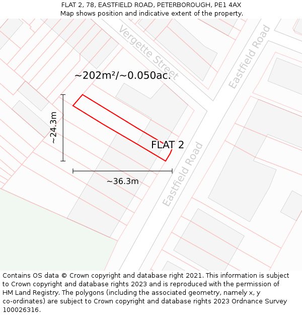 FLAT 2, 78, EASTFIELD ROAD, PETERBOROUGH, PE1 4AX: Plot and title map