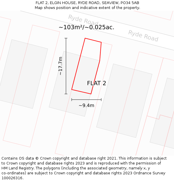 FLAT 2, ELGIN HOUSE, RYDE ROAD, SEAVIEW, PO34 5AB: Plot and title map