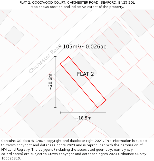 FLAT 2, GOODWOOD COURT, CHICHESTER ROAD, SEAFORD, BN25 2DL: Plot and title map