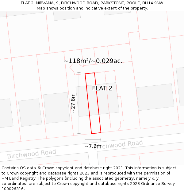 FLAT 2, NIRVANA, 9, BIRCHWOOD ROAD, PARKSTONE, POOLE, BH14 9NW: Plot and title map