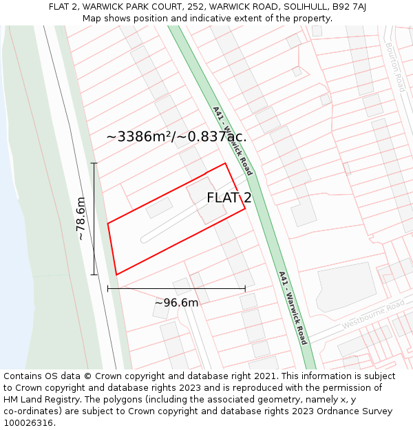 FLAT 2, WARWICK PARK COURT, 252, WARWICK ROAD, SOLIHULL, B92 7AJ: Plot and title map