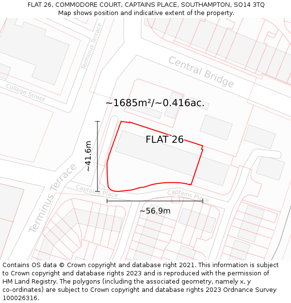 FLAT 26, COMMODORE COURT, CAPTAINS PLACE, SOUTHAMPTON, SO14 3TQ: Plot and title map