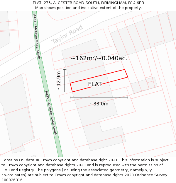 FLAT, 275, ALCESTER ROAD SOUTH, BIRMINGHAM, B14 6EB: Plot and title map