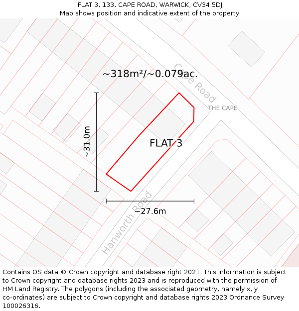FLAT 3, 133, CAPE ROAD, WARWICK, CV34 5DJ: Plot and title map