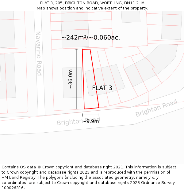 FLAT 3, 205, BRIGHTON ROAD, WORTHING, BN11 2HA: Plot and title map
