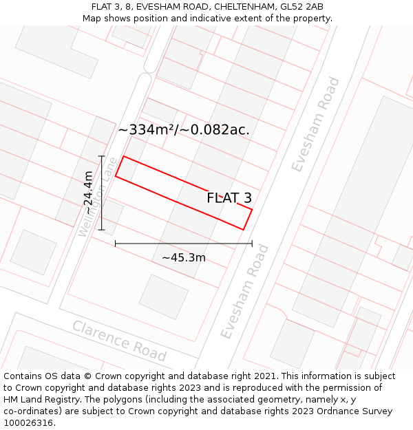 FLAT 3, 8, EVESHAM ROAD, CHELTENHAM, GL52 2AB: Plot and title map
