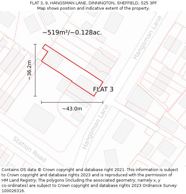 FLAT 3, 9, HANGSMAN LANE, DINNINGTON, SHEFFIELD, S25 3PF: Plot and title map
