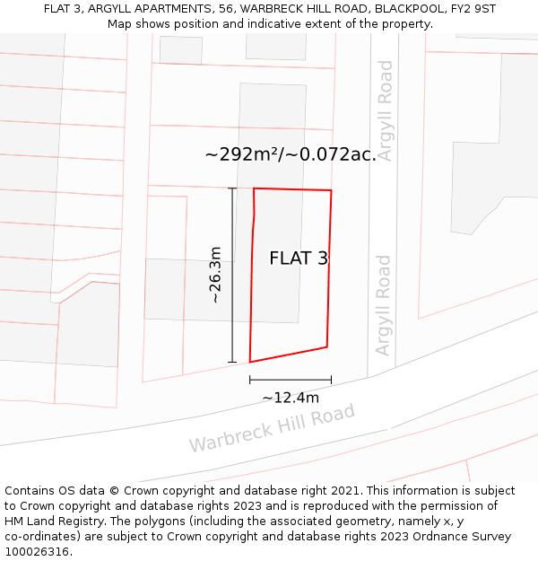 FLAT 3, ARGYLL APARTMENTS, 56, WARBRECK HILL ROAD, BLACKPOOL, FY2 9ST: Plot and title map